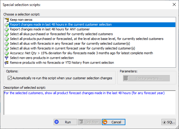 Data driven selections dialog in Prophecy sales forecasting software