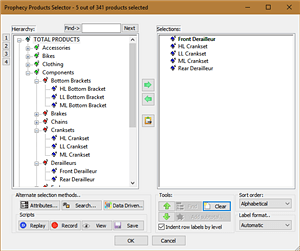Screenshot showing Product Selector dialog box